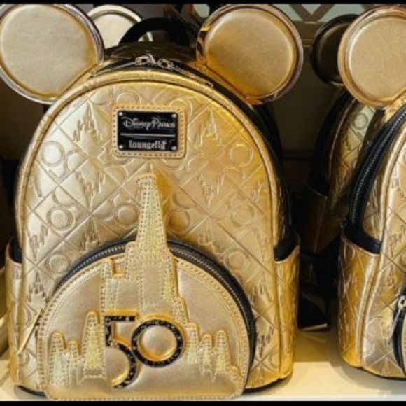 Mickey Mouse Walt Disney World 50th Anniversary Leather Gold Loungefly Backpack - Picture 10 of 13